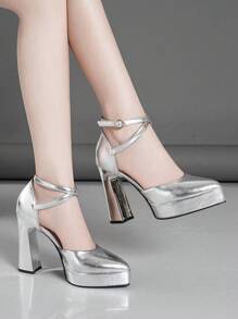 女士镂空高跟鞋，超高跟，粉色、杏色、白色、黑色、红色、银色、金色可选，时尚百搭 - 銀色 - 查看 4