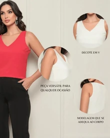 Women's Tank Top Wide Strap V Neck Crepe Duna - Màu Hồng Tươi - Xem 3