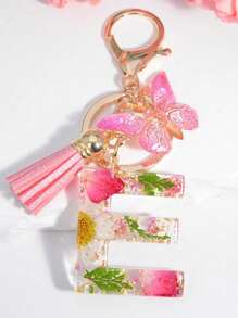 One Initial Keychain For Girl And Ladies, Pink Cute Dry Flower Dandelion Key Chain, Backpack/Handbag Decoration, Butterfly Tassel, Gift Car Accessories Bag Charm School Goth Y2k