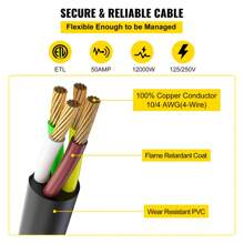 Heavy Duty Generator Cord, 10 Feet Generator Power Cord, 50AMP ETL Listed Cord, 12000 Watts Black Cable, SS2-50R Generator Plug, SS2-50P Extension Cord, 125/250V Generator Wire W/Portable Strap