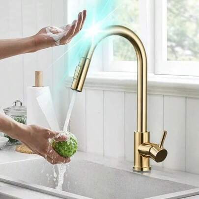 Touchless Kitchen Faucet, Gold Touchless Kitchen Faucet With Pull Down Sprayer, Single Hole Single Handle 304 Stainless Steel Bar Faucets For Kitchen Bar Sink RV
