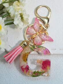 One Initial Keychain For Girl And Ladies, Pink Cute Dry Flower Dandelion Key Chain, Backpack/Handbag Decoration, Butterfly Tassel, Gift Car Accessories Bag Charm School Goth Y2k