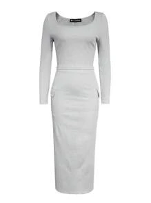 LovelyWholesale Bộ váy dài bó sát cổ vuông đơn giản giản dị dành cho nữ và túi bên hông mùa xuân hè - Xám - Xem 6