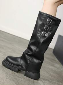 秋冬黑色条纹扣筒靴厚底圆头一脚蹬舒适优雅百搭时尚女靴 - 黑色 - 查看 7