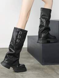 가을/겨울 블랙 스트라이프 버클 샤프트 부츠 두꺼운 밑창 둥근 발가락 슬립온 편안하고 우아한 다용도 패션 여성 부츠