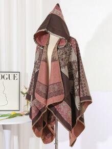 1pc Geometric Pattern Acrylic Hooded/Hoodless Cape Poncho, Fashionable Loose Fit Versatile Cloak For Spring, Summer, Autumn & Winter