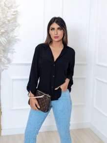 Women's Long Sleeve Dress Shirt With Pocket Detail - Negro - Ver 3