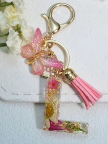 One Initial Keychain For Girl And Ladies, Pink Cute Dry Flower Dandelion Key Chain, Backpack/Handbag Decoration, Butterfly Tassel, Gift Car Accessories Bag Charm School Goth Y2k