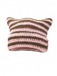 1pc Unisex Hand Knitted Cute Striped Cat Ear Beanie Hat, Autumn Winter Warm Ear Protective Handmade Striped Ski Mask Street Fashion Hip-Hop Couple Headwear - Multicolor - View 14