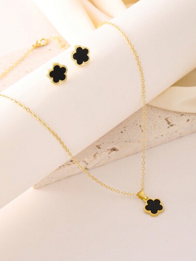 2pcs/Set Women's Gift Fashionable Lucky Flower Clover Necklace & Earrings Valentines,Mom,Mother,Mother's Day,Gift