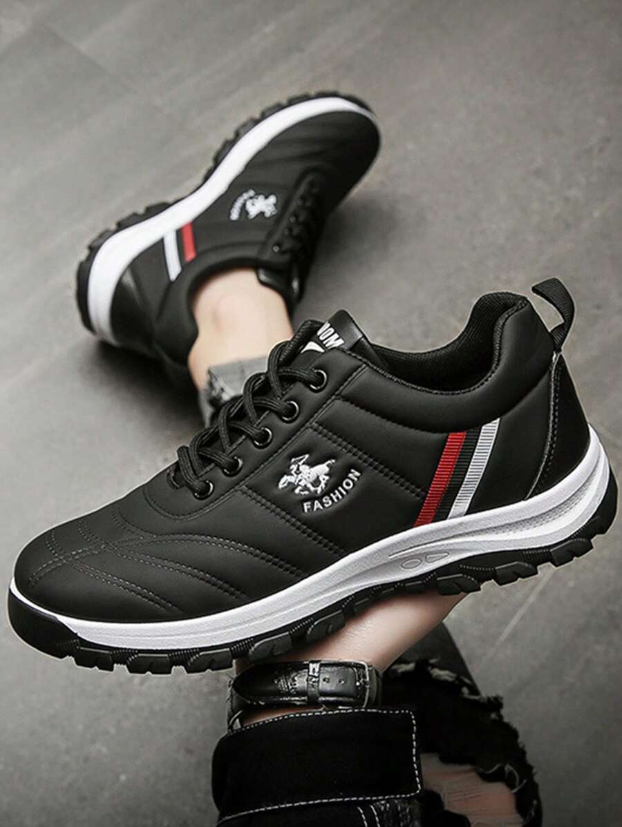 Zapatillas de tenis casuales para hombres, suela antideslizante de color sólido con cordones Zapatillas para correr en pareja - Negro - Ver 1