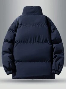 Boyfriend Style Men's Thick Padded Coat With Stand Collar, Warm Winter Outwear, Fashionable Loose Fit, Sports - Navy Blue - View 3