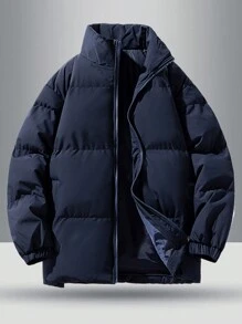 Boyfriend Style Men's Thick Padded Coat With Stand Collar, Warm Winter Outwear, Fashionable Loose Fit, Sports - Navy Blue - View 1