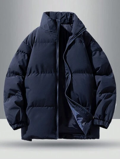Boyfriend Style Men's Thick Padded Coat With Stand Collar, Warm Winter Outwear, Fashionable Loose Fit, Sports