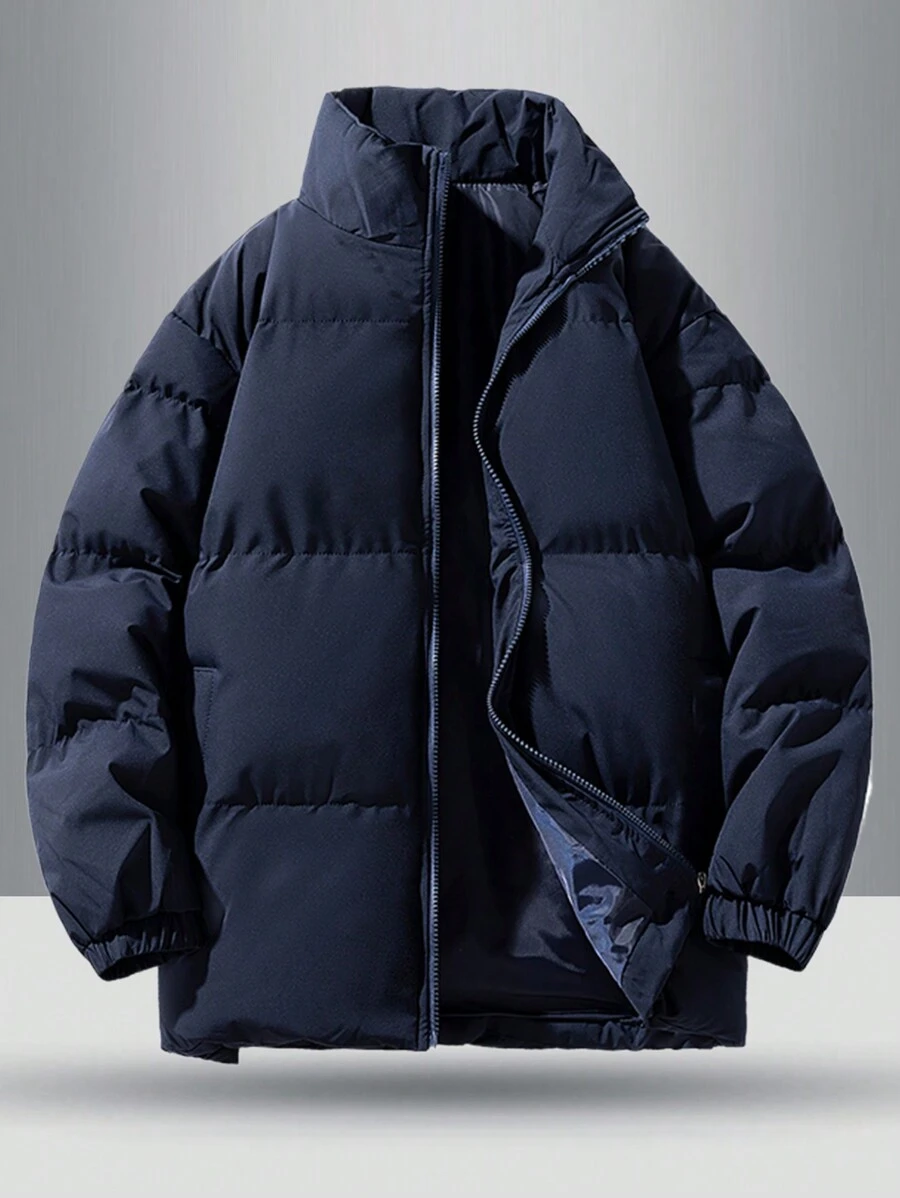 Boyfriend Style Men's Thick Padded Coat With Stand Collar, Warm Winter Outwear, Fashionable Loose Fit, Sports - Navy Blue - View 1