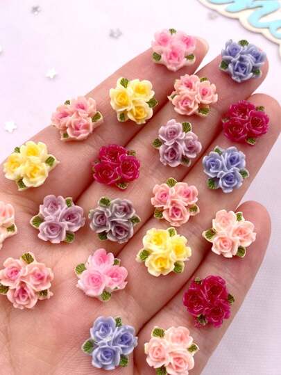 30pcs Mixed Resin Cute Mini Colorful Three Leaf Rose Flat Back Flower Figurines Nail Art DIY Wedding Scrapbooks Jewelry Crafts Accessories Halloween Summer, School