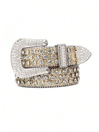 朋克摇滚金色西部水钻腰带男女通用西部牛仔/女牛仔腰带，带闪亮嘻哈水钻腰带 - 朋克 Y2K 风格，完美搭配牛仔裤和连衣裙