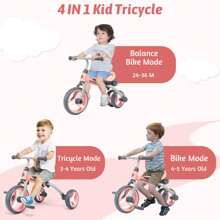 4 In 1 Tricycle For Toddlers Age 2-5, Folding Toddler Bike Kids Trike Tricycles With Adjustable Seat And Removable Pedal, Baby Balance Bike Ride-On Toys Gift For Baby Boys Girls Birthday