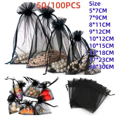 50/100 st presentpåsar, svarta organza-godispåsar, bordsartiklar, halloween-julhushållsartiklar, presentförpackningstillbehör för bröllopsfester, festivalaktiviteter och festtillbehör presentförpackningspåsar godispåsar för bröllop, presentpåsar. Smyckesförpackning organzapåsar, godispåsar, reseförvaringspåsar, presentpåsar för högtider, kan användas för insektsskyddande fruktpåsar höst höst, jul alla hjärtans dag