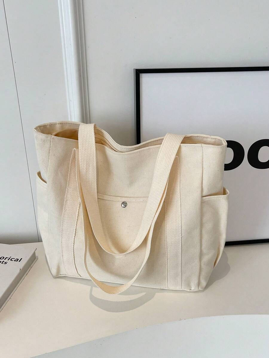 Bolsa de lona versátil y de moda, bolsos de tote para estudiantes, con múltiples compartimentos, perfecta para la playa, la escuela, el trabajo y el uso diario - Blanco - Ver 1