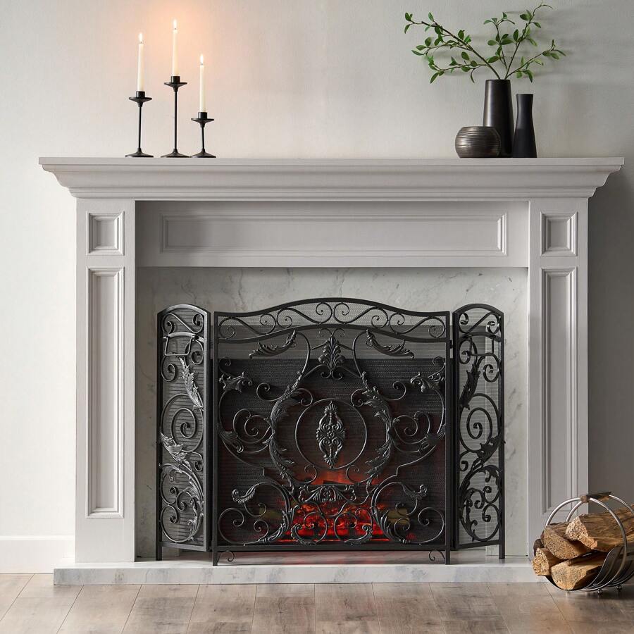 MERAX Fireplace Screens Fireplace Screen 53-Inch Floral Flower Decorative Black Metal Foldable Fireplace Screen Flat Fireplace Screens - Black+Silver - View 1