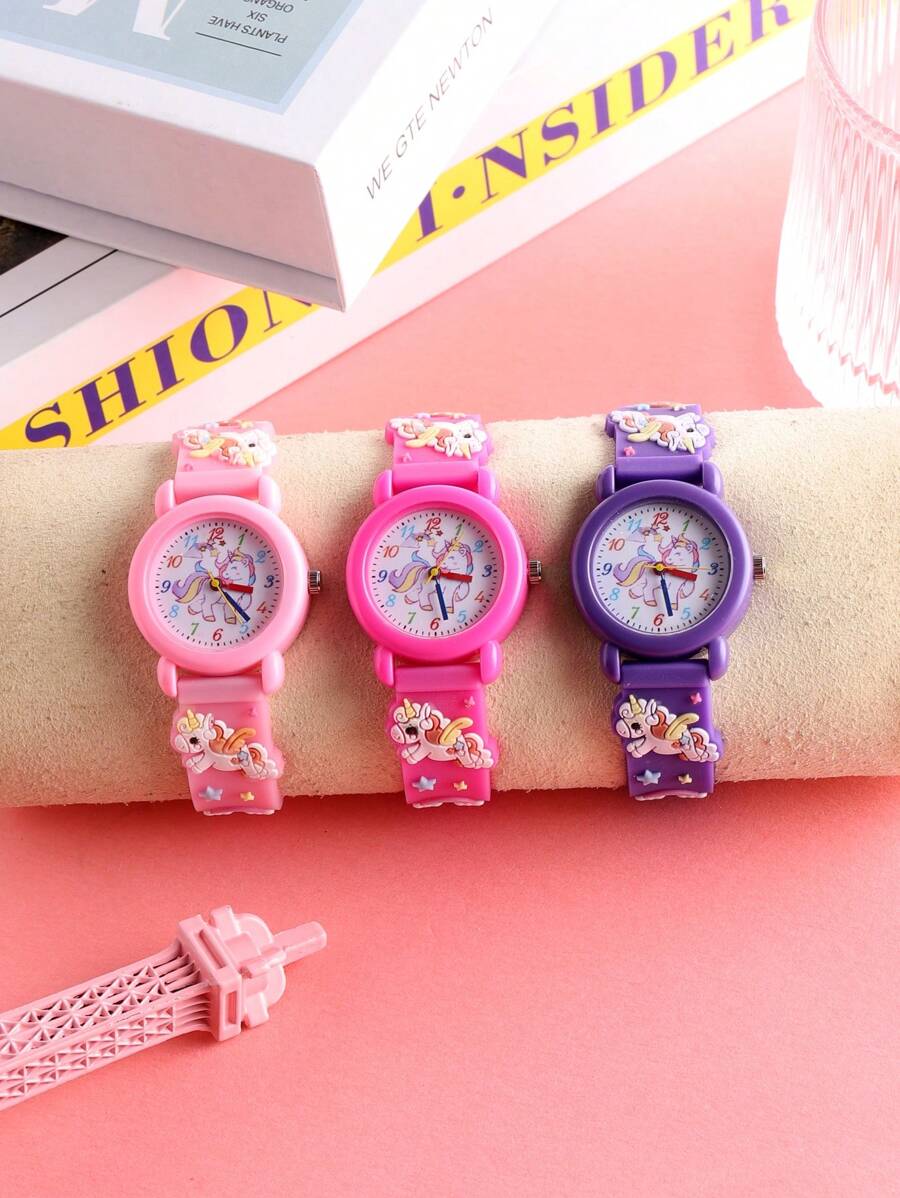 Three Affordable School Season Wristwatches For Boys And Girls Featuring Cute Unicorn, Space Man And Football Patterns. Round Shape, Adorable Design. Suitable For Children's Fashion And Versatile Quartz Watches. Perfect For Students As Fashionable School Supplies Or Gifts For Boys And Girls.