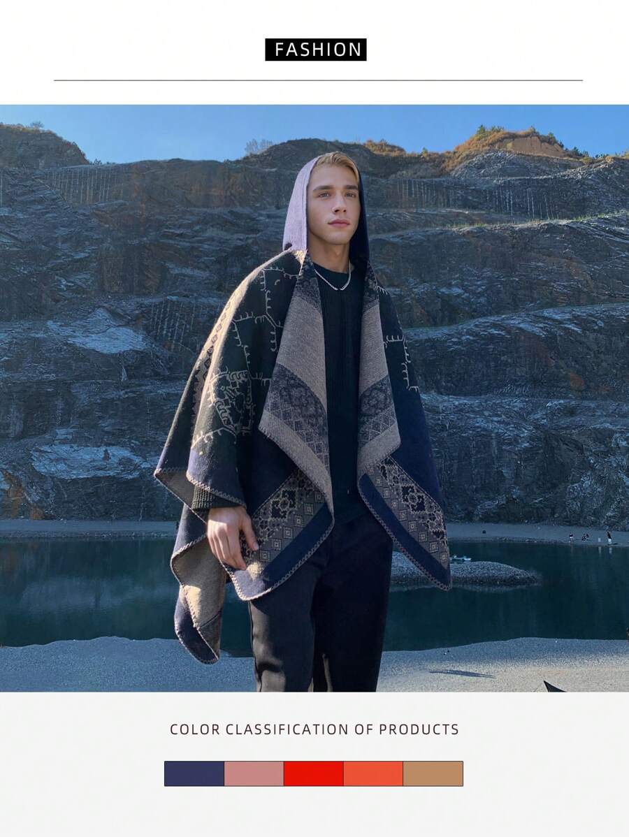 1pc Geometric Pattern Acrylic Hooded/Hoodless Cape Poncho, Fashionable Loose Fit Versatile Cloak For Spring, Summer, Autumn & Winter