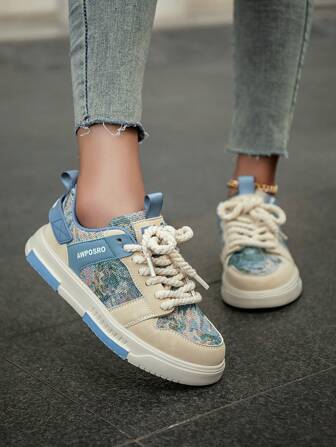 Women's Random Print Letter Detail Casual Sneakers, Fashion Casual Shoes, Outdoor Shock-Absorbing Flat-Soled Hiking Plus Size Lady Shoes, Unisex