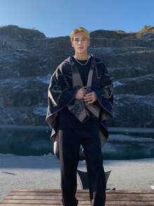 1pc Geometric Pattern Acrylic Hooded/Hoodless Cape Poncho, Fashionable Loose Fit Versatile Cloak For Spring, Summer, Autumn & Winter