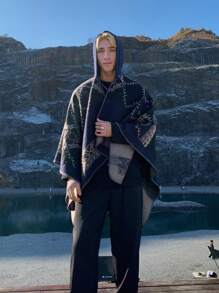 1pc Geometric Pattern Acrylic Hooded/Hoodless Cape Poncho, Fashionable Loose Fit Versatile Cloak For Spring, Summer, Autumn & Winter