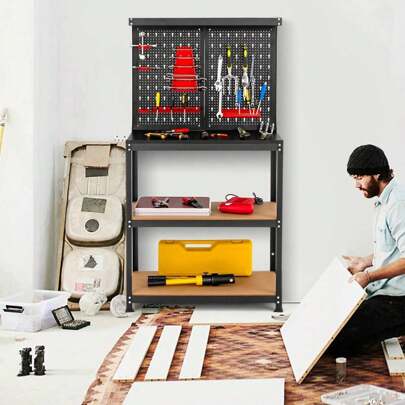 Förvaringssystem för verkstadshyllor, arbetsbänk med hylla, klämhylla, bordsskiva och 2 nedre hyllor, 13 hängande tillbehör, verktygshållare för garagebod