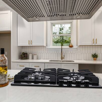 Eascookchef Gas Stove Top 24 Inch,24 Inch Gas Cooktop 4 Burner,Gas Stove Top NG/LPG Convertible,Black Tempered Glass Double Burner Propane Cooktop With Thermocouple Protection,Built-In Gas Hob