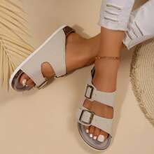 Women's Comfort Straps Adjustable Buckle Slip On Sandals Slide Cork Footbed Sandals - Beige - View 6