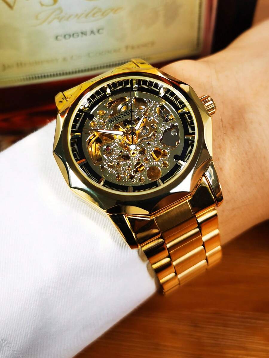 1pc Men Luxury Gold Skeleton Automatic Mechanical Watch Luminous Hands Stainless Steel Strap Business Casual Classic Men Watches Gifts With Box - Vàng - Xem 1