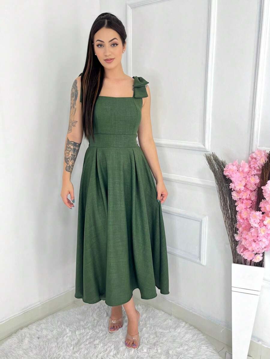 Luxury Solid Dune Wave Midi Dress With Bow On The Sleeve - Màu xanh Ô liu - Xem 1