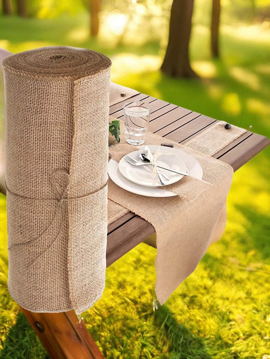 1pc Vintage Burlap Hessian Table Runner, For Outdoor Gathering Party, Natural Jute Country Party Decoration Home Textiles For Home Decor. - Ginger - View 1