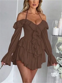 Women's Shoulder Ruffle Layered Hem Halter Romper Spring Summer Outfit For Women - Brown - View 3