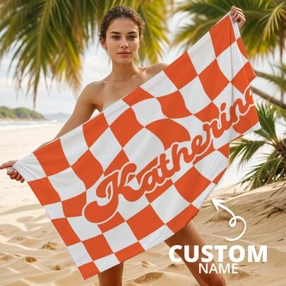 1pc Customized Name Beach Towel, Can Print Name And Text, Also Can Be Used As Pool Towel, Personalized Name Beach Towel, Personalized Bath Towel, Wedding Gift Towel, Letter Combination Beach Towel, Ideal For Singles Party, Travel, Vacation, Also A Creative Gift For Valentine's Day, Mother's Day, Father's Day, Birthday, Anniversary, Wedding, Perfect For Cuddling And Relaxing, A Unique Gift For Husband, Wife, Boyfriend, Girlfriend