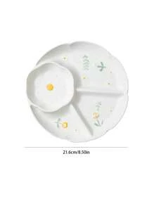 1pc Ceramic Divided Plate, Delicate Embossed Flower Snack Plate, Household Appetizer Tray, Stylish Daisy Design Plate Christmas Gift