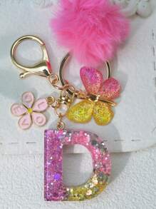 1 件字母树脂雪花钥匙扣，女士适用，蝴蝶流苏装饰包袋吊坠，礼品汽车配件包袋饰品学校可爱哥特 Y2k 包袋挂绳带身份证夹汽车配件包袋饰品圣诞节 - 玫紅毛球 - 查看 20