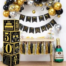 4 件装 50 岁生日装饰盒，适用于男士女士，50 岁生日主题纸板盒派对用品，黑金 50 岁生日快乐气球盒 - 黑金-50歲 - 查看 5