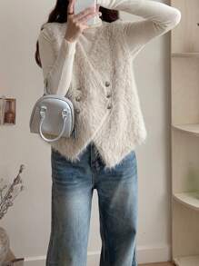 双排扣蓬松V领毛衣背心，秋冬 - 淺粉色 - 查看 5