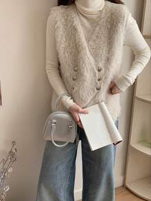 双排扣蓬松V领毛衣背心，秋冬 - 淺粉色 - 查看 6