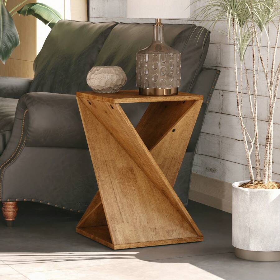 COZAYH Farmhouse End Table Square Solid Wood Pedestal Side Table Rustic Plant Stand With Twisted Design For Living Room, Bedroom, Office, Natural Wood, Black - Tự nhiên - Xem 1