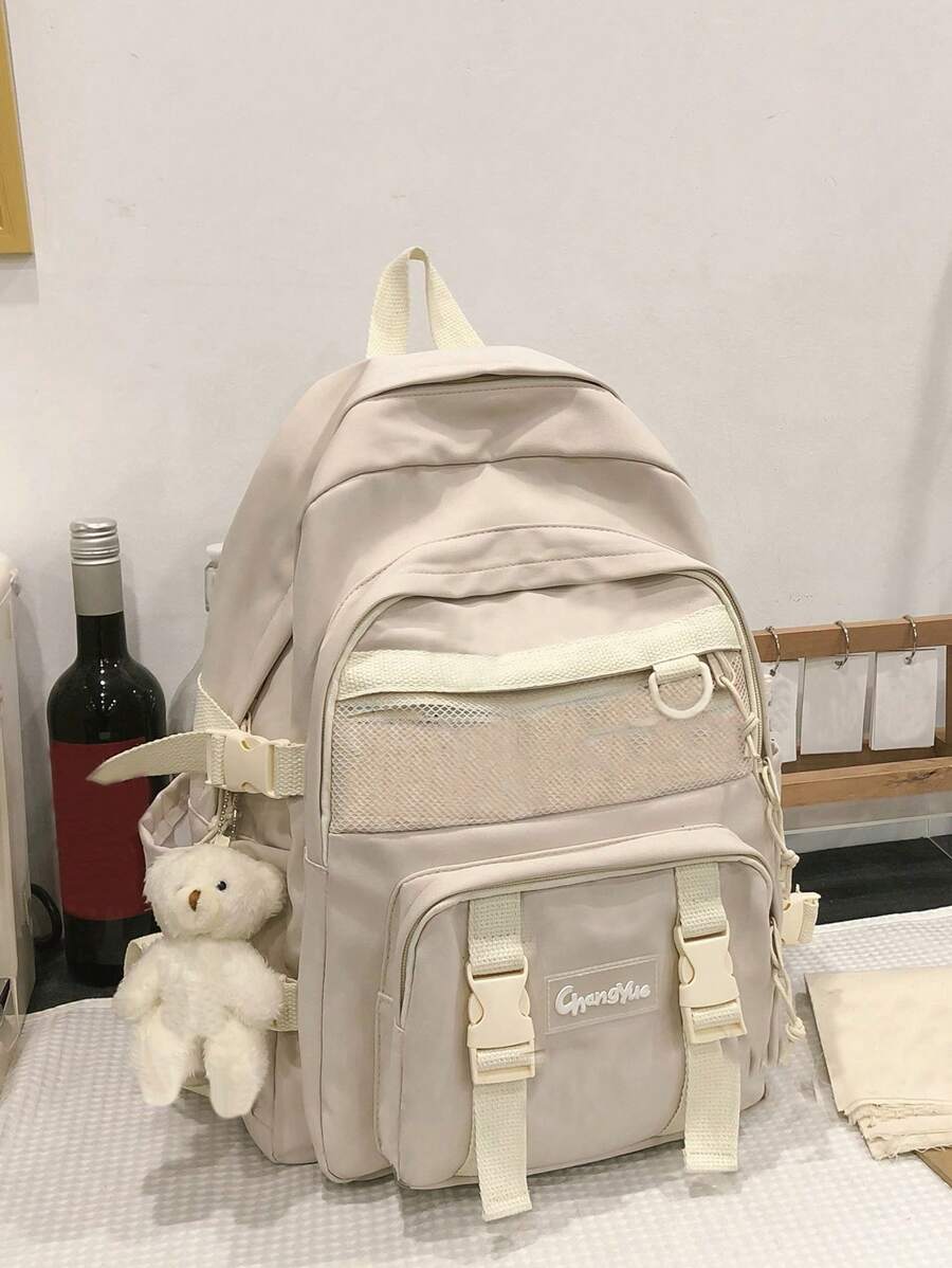 Large Capacity,Waterproof,Lightweight Letter Patch Functional Backpack With Bag Charm For Teen Girls Women College Students Perfect For School,College,Middle School, High School,Back To SchoolSchool Backpack,School Bag,Large Capacity,Lightweight,Portable,Classic Casual, Suitable For Teen Girls Women College Students,Rookies & White-Collar Workers,Boys And Men, Perfect For Back To School,First Day Of School,Middle School, High School,College - Beige - View 1