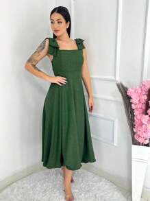Luxury Solid Dune Wave Midi Dress With Bow On The Sleeve - Màu xanh Ô liu - Xem 3