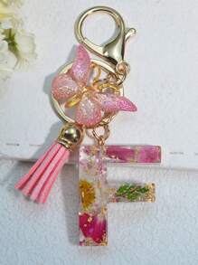 One Initial Keychain For Girl And Ladies, Pink Cute Dry Flower Dandelion Key Chain, Backpack/Handbag Decoration, Butterfly Tassel, Gift Car Accessories Bag Charm School Goth Y2k
