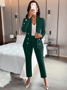 AIJ Amarilo Women's Solid Color Minimalist Daily Wear Long Sleeve Suit Set - Dark Green - View 6