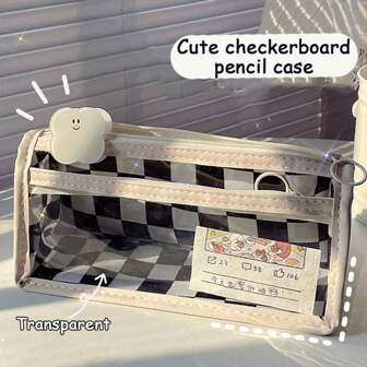 1个棋盘格笔袋，透明防水，黑色蓝色粉色，2层，美观，笔袋文具袋收纳袋，学生返校文具，学校用品