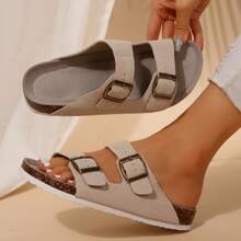Women's Comfort Straps Adjustable Buckle Slip On Sandals Slide Cork Footbed Sandals - Beige - View 7